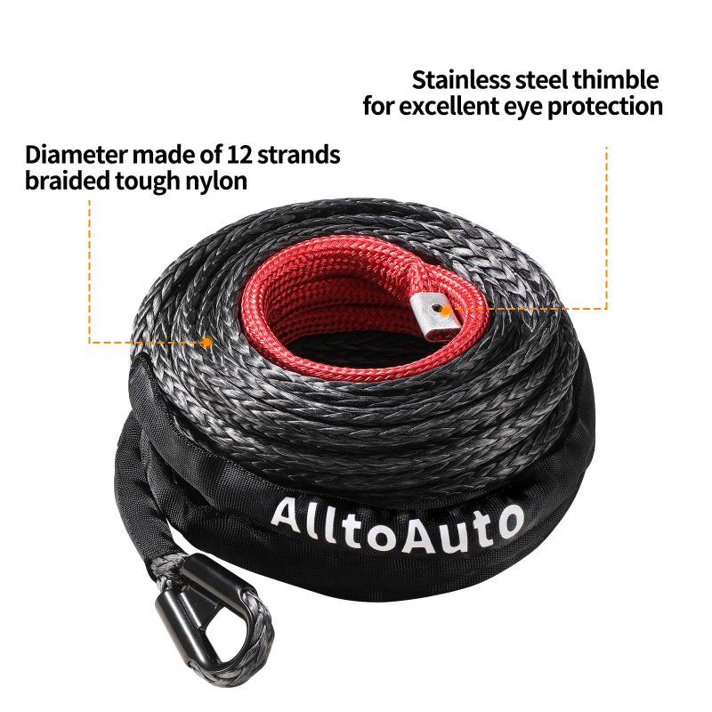 حبل ونش صناعي من AlltoAuto بطول 3/8 بوصة × 85 بوصة كابل Dyneema مع غلاف واقي بقوة 25000 رطل لشاحنة الدفع الرباعي على الطرق الوعرة - Image 3